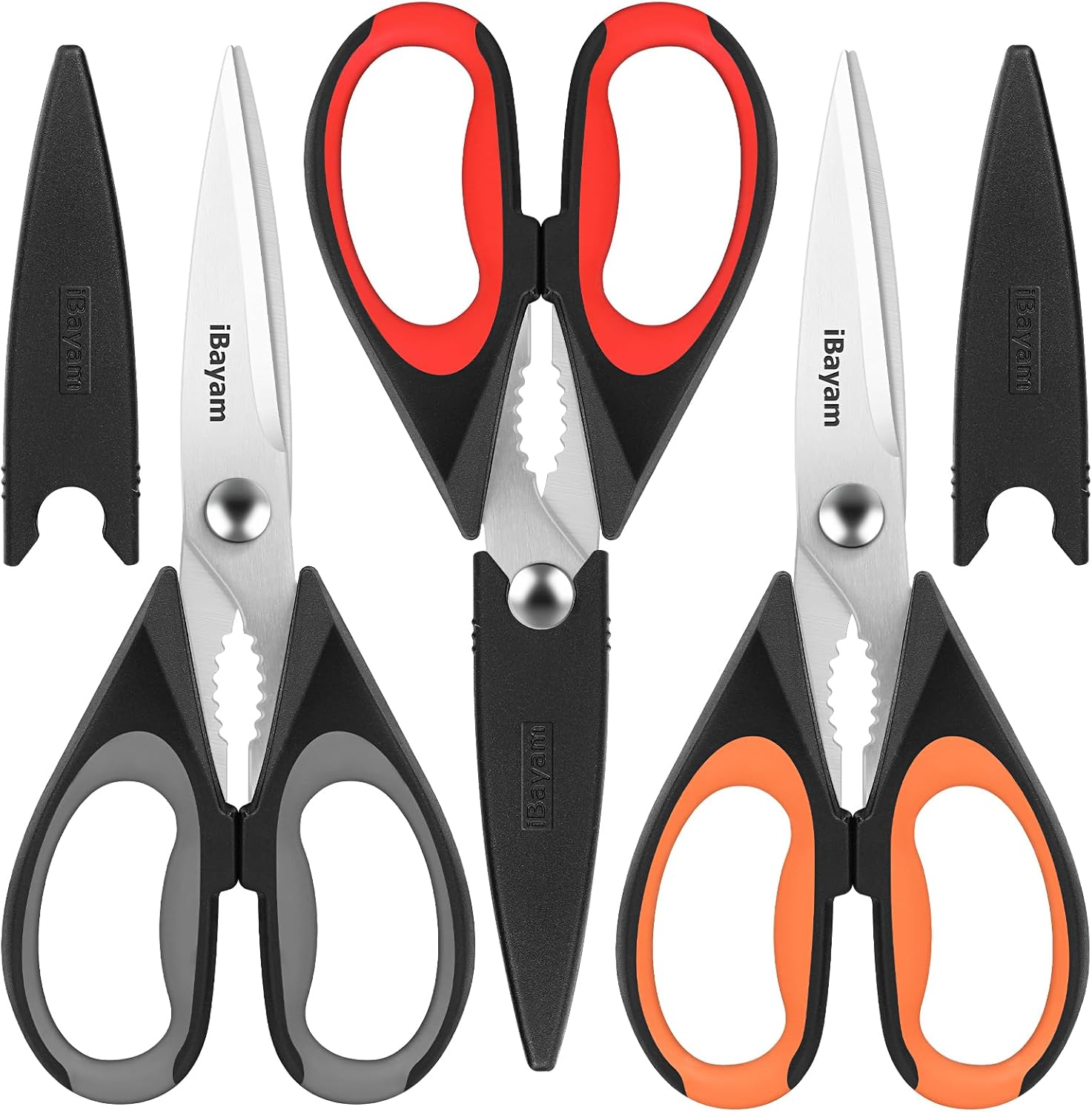 iBayam 3-Pack Kitchen Scissors All Purpose Kitchen Shears Heavy Duty Scissors with Protective Sheath for Food, 8.5