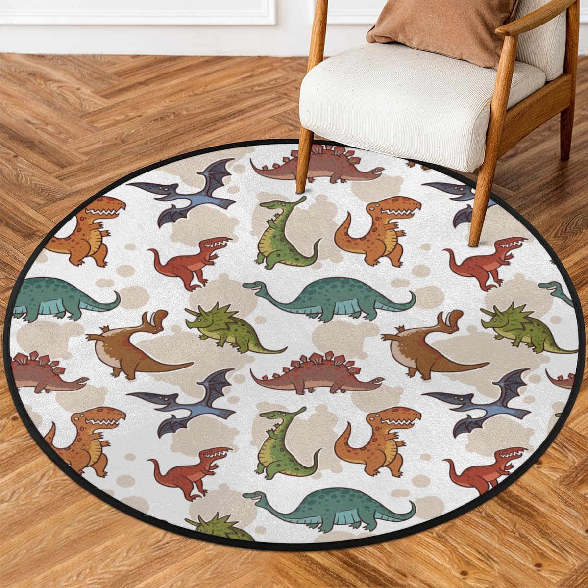 3 Ft Cute Dinosaurs Pattern Round Desk Chair Mat Non-Slip Soft Desk Floor Mat Washable Floor Mat for Office Living Room Bedrooms Laundry Room Foyer Doorway