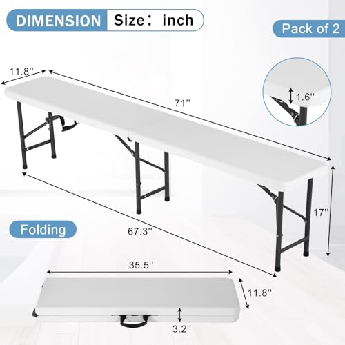 6FT Plastic Folding Bench, Portable Outdoor Bench with 440LBS Capacity, 2-Piece,Fold-in-Half Bench Seat w/Handle & Lock for Indoor Outdoor Picnic Party Dining Soccer Events (2)