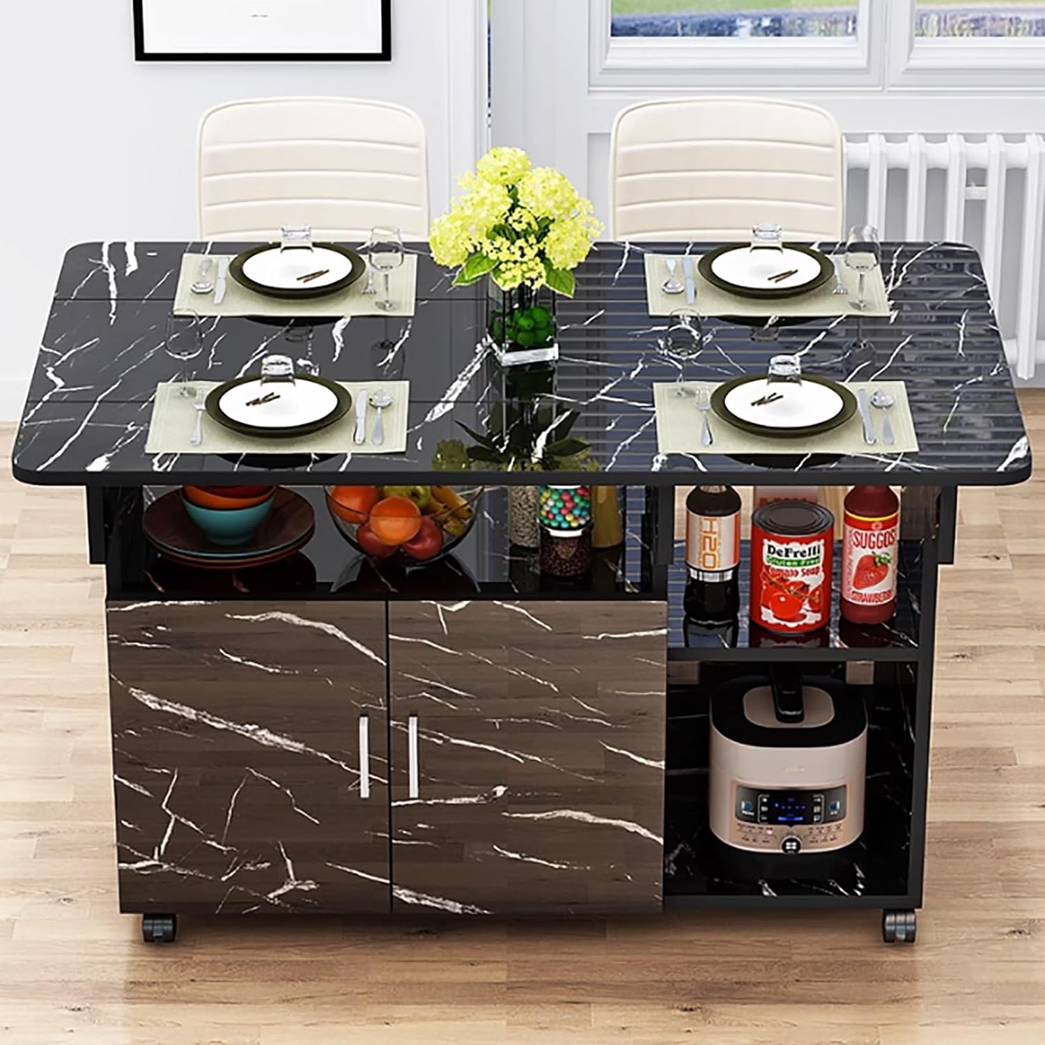 Dining, Mobile Folding Dining Table with Wheels and 3-Layer Storage Cabinet, 2-Layer Storage Shelf, Space Saving Wooden Rectangular Drop Leaf Table, Extendable K