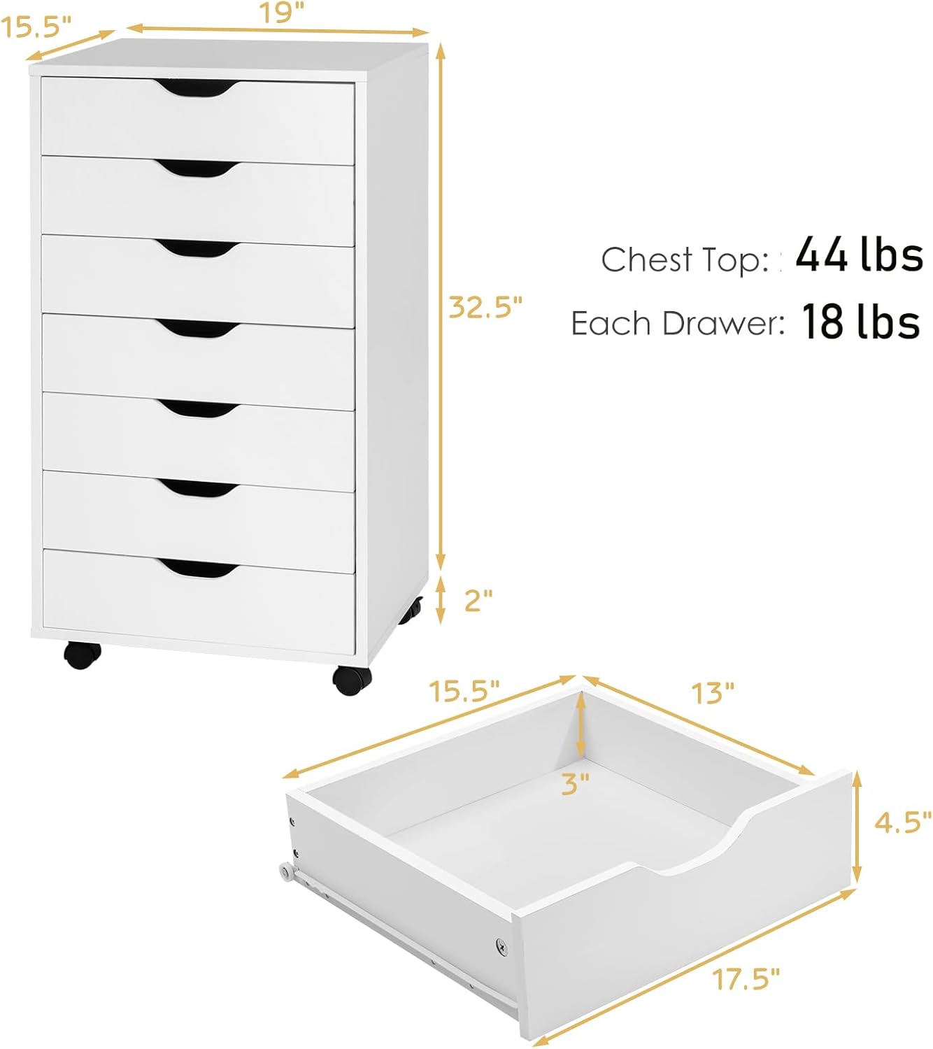 7 Drawers File Cabinet, 34.5”Vertical Filing Cabinet for Home Office, Under Desk Storage Cabinet with Wheels, Mobile Chest of Drawers, Lateral Rolling Printer Stand, White