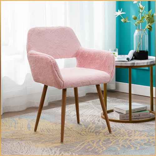 Furry Desk Chair, Modern Home Office Chair without Wheels, Faux Fur Vanity Chair with Hollow Backrest, Comfy Armchair Wood Frame with Metal Legs, Black