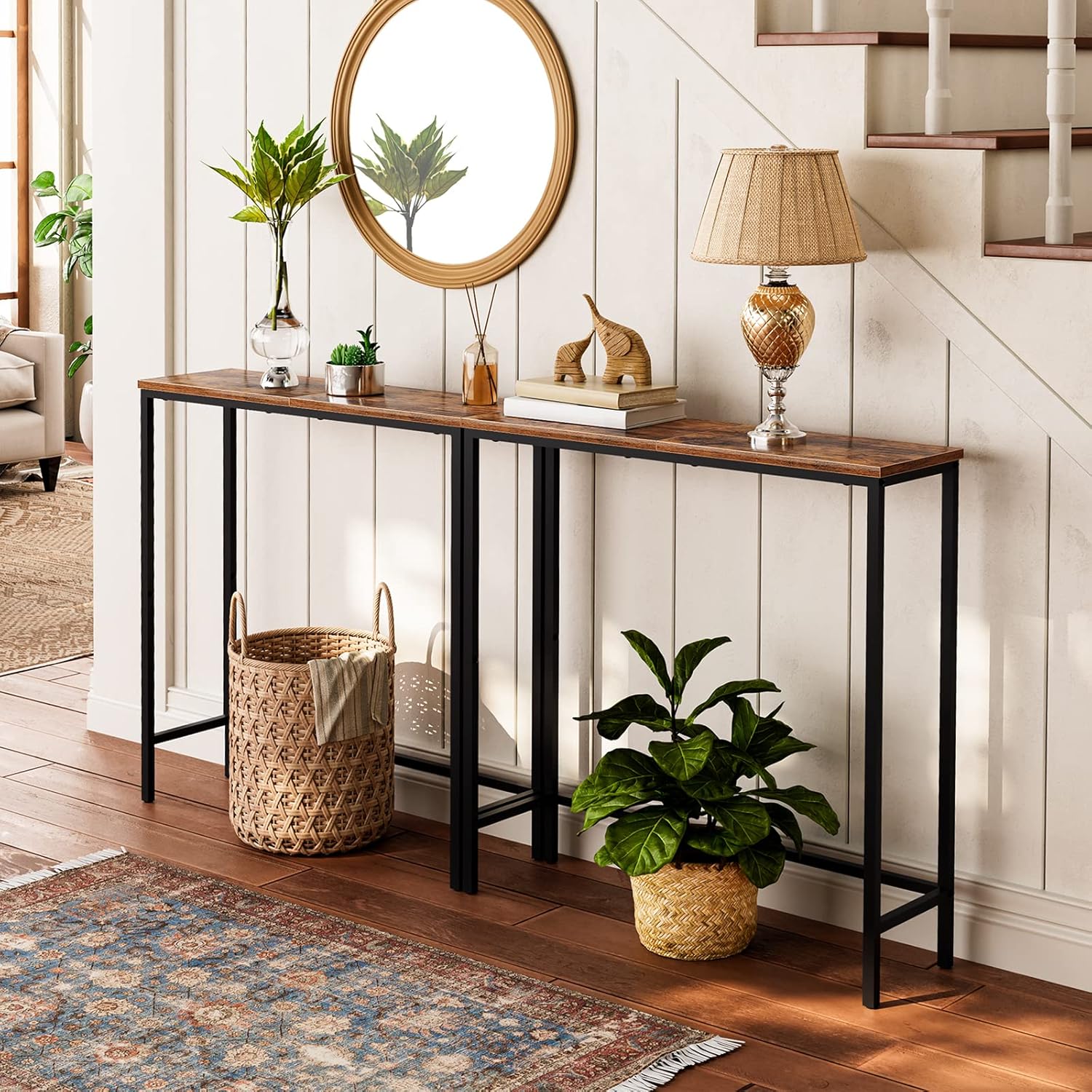 HOOBRO Narrow Console Table and 4-Tier Industrial Hallway Table with Metal Mesh Shelf Bundle, Small Entryway Table, for Hallway, Bedroom, Living Room, Foyer, Rustic Brown and Black BF75XG01-BF79XG01