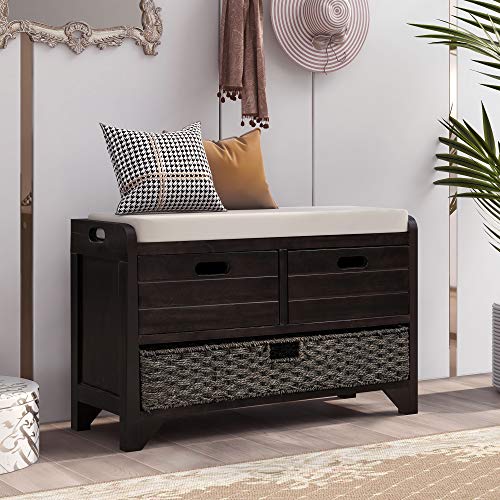 HOUAGI Storage Bench with Removable Basket and 2 Drawers,32”Entryway Bench with Shoe Storage and Removable Cushion for Entryway,Mudroom,Under Window,Living Room,Hallway,White