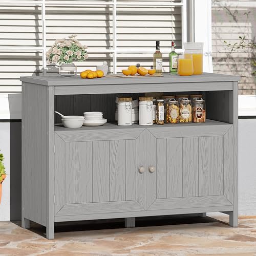 DWVO Poly Lumber Outdoor Sideboard, Patio Bar Table with Storage and Shelves, Weather Resistant Storage Cabinet for Outdoor, Pool and Garden - Espresso