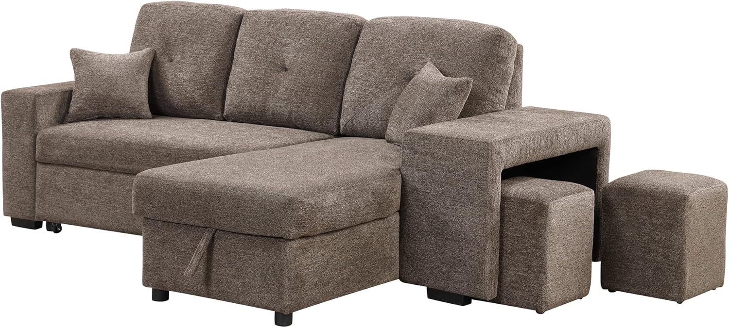 Reversible Sleeper Sectional Sofa Bed with Side Shelf and 2 Stools,Pull-Out L-Shaped Sofa Bed,Corner Sofa-Bed with Storage Chaise Left/Right Hande for Living Room,Knox Charcoal