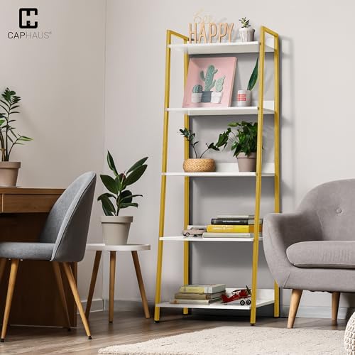 CAPHAUS 24 Inch Width 5-Tier Ladder Shelf, Free Standing Bookcase with Open Shelves, Storage Rack Organizer, Industrial Book Shelves for Living Room, Home Office, Kitchen, White Wooden Shelves