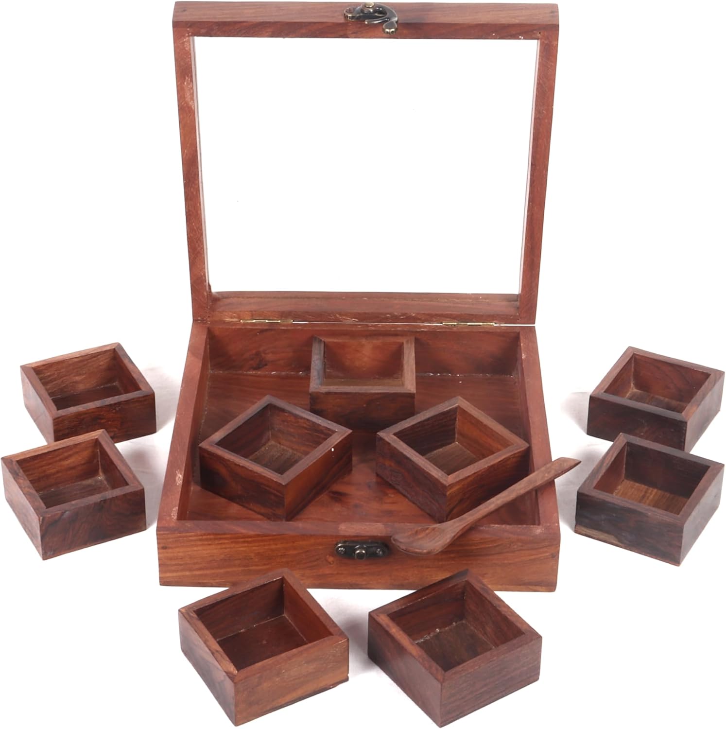 Wooden Spice Box with 9 Containers & Spoon in Sheesham Wood | Indian Spice Boxes for Kitchen, Masala Dabba, Masala Daani, Namak Dani, Multipurpose, BRWON