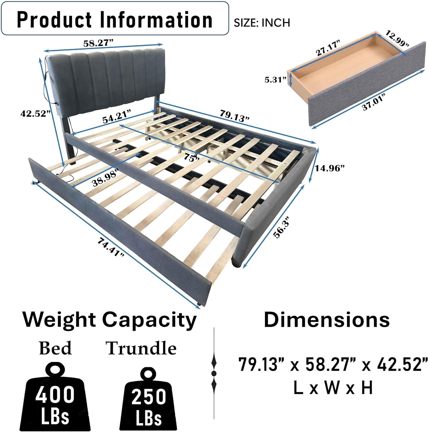 Full Size Upholstered Platform Bed with Trundle & Two Drawers, Solid Wood Bedframe w/Led Light, No Box Spring Needed, for Dorm, Bedroom, Guest Room, Gray