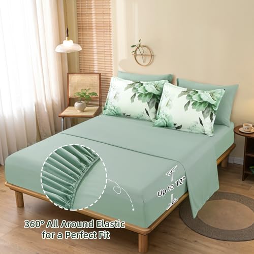 Teal Comforter Set King 7 Piece Bed in a Bag, Teal Blue Floral Printed Comforter Set with Sheets, Soft Microfiber Botanical Complete Bedding Set for All Season