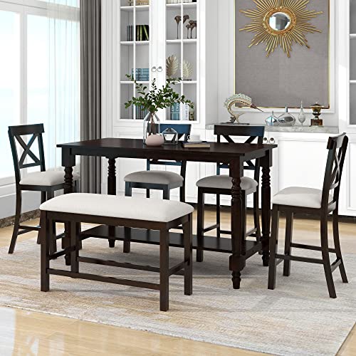 Dining Table Set for 6, Kitchen Table and Chairs Dining Room Table Set for 6 with 1 Bench and 4 Upholstered Dining Chairs, Modern Wood Farmhouse Dinner Table Set (Style A)