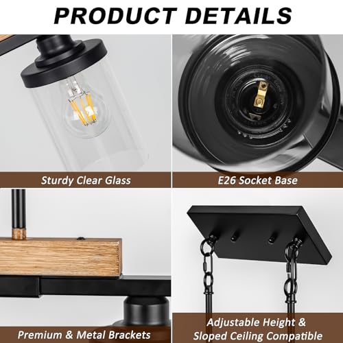 5-Light Kitchen Island Lighting, Farmhouse Dining Room Chandelier over Table, Modern Pendant Light Fixture with Adjustable Height, Large Black Ceiling Light for Dining Table Sloped Ceiling Compatible