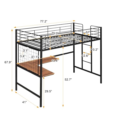 Full Size Metal Loft Bed with Built-in Desk and Storage Shelf, Heavy Duty High Loft Bedframe w/Wider Ladder & Safety Guardrails, No Box Spring Needed, for Kids Teens Adult