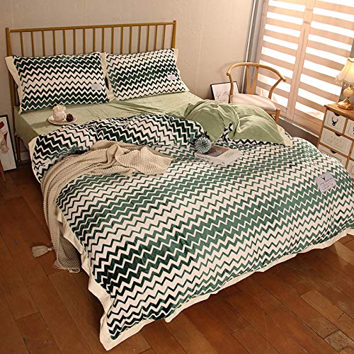 Flannel Duvet Cover Double,2020 Winter Milk Velvet Flannel Bed Four-Piece Set Simple Striped Wave Bed Four-Piece Set-Green_1.5m Bed