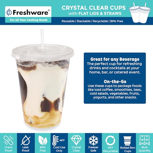 Freshware 20 oz Clear Disposable Plastic Cups with Flat Lids and Straws, 100 Pack Clear Plastic Cups Tumblers, Heavy-duty Party Glasses, Disposable Cups for Thanksgiving, Halloween, Christmas Party