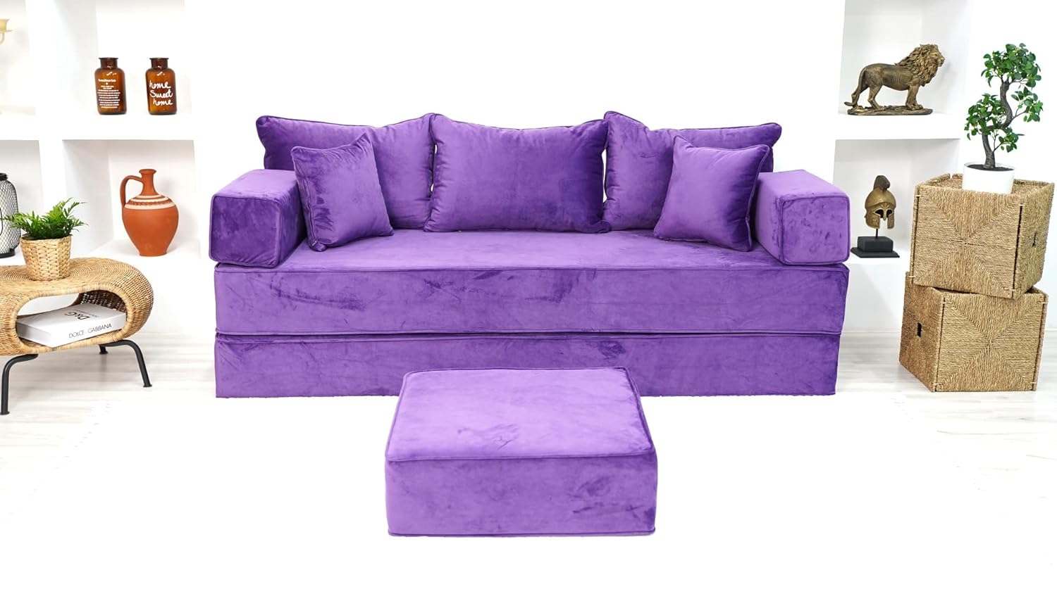 Velvet Purple Sectional Sofa, Floor Sofas, Japanese Sofa, Meditation Cushion, Bohemian Sectional Sofa, Chair Cushions (Sofa + Ottoman, 8''+ 8'' Thickness Sofa)