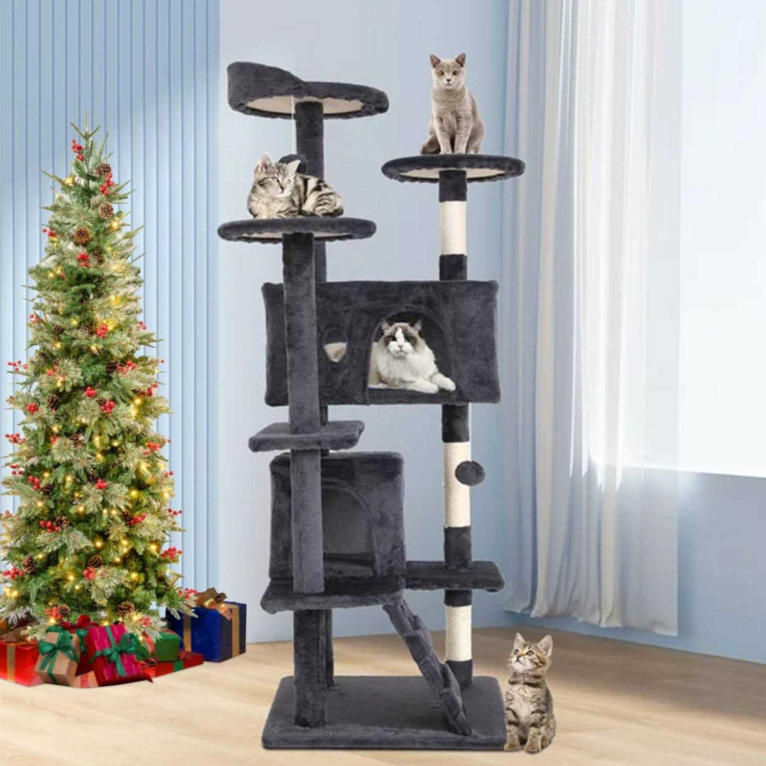 Niamvelo 54-in Double Condo Cat Tree Tower Playhouse with Scratching Post & Perch for Indoor - Pet Supplies online store