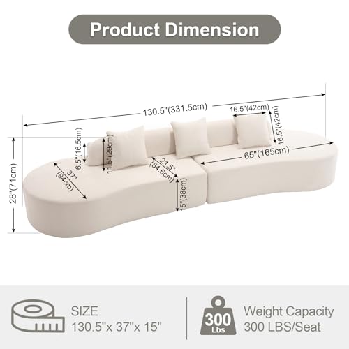 130 Inches Sofa Couches for Living Room Modern Curved Sofa with Three Pillows, Minimalist Cloud Sofa with Ergonomic Backrest Mid Century Modern Couch for Living Room, Apartment, Office - Beige
