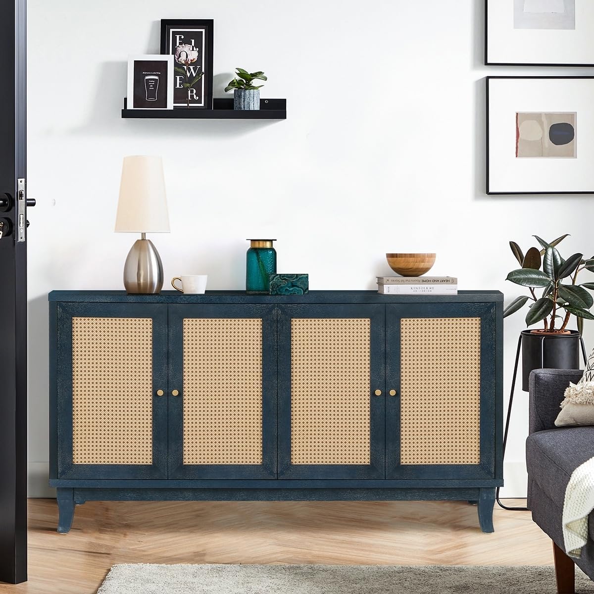 4 Rattan Doors Accent Cabinet Hallway Console Table W/Adjustable Shelf Blue Classic Modern Contemporary Rectangular MDF Natural Finish Adjustable Shelving Hidden Storage