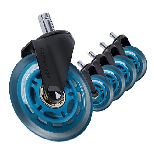 Office Chair Caster Wheels (Set of 5) [Heavy Duty, Soft Rubber, Fully Safe for All Floors incl. Hard-Wood] Desk Chair Roller Blade Style Caster Wheel Replacement - Blue Color