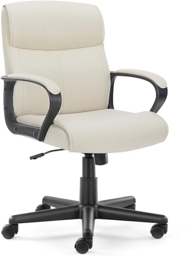 Sweetcrispy Office Chair Computer Desk Chair with Padded Armrests, Ergonomic Chair Mid Back Lumbar Support and Adjustable Height Home Office Desk Chairs PU Leather Swivel Chair, Cream