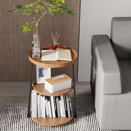 Round End Table with 3-Tier Shelves, Rustic Brown Wood Texture Side Table, Small Desk Coffee Table for Living Room Bedroom