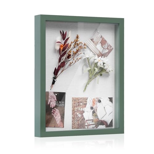 Muzilife 8x8 Shadow Box Picture Frame with Linen Board - Deep Wood & Glass Display Case to Hang Memory Box Baby Sports Memorabilia, Pins, Awards, Medals, Wedding, Tickets and Photos, Rustic Brown