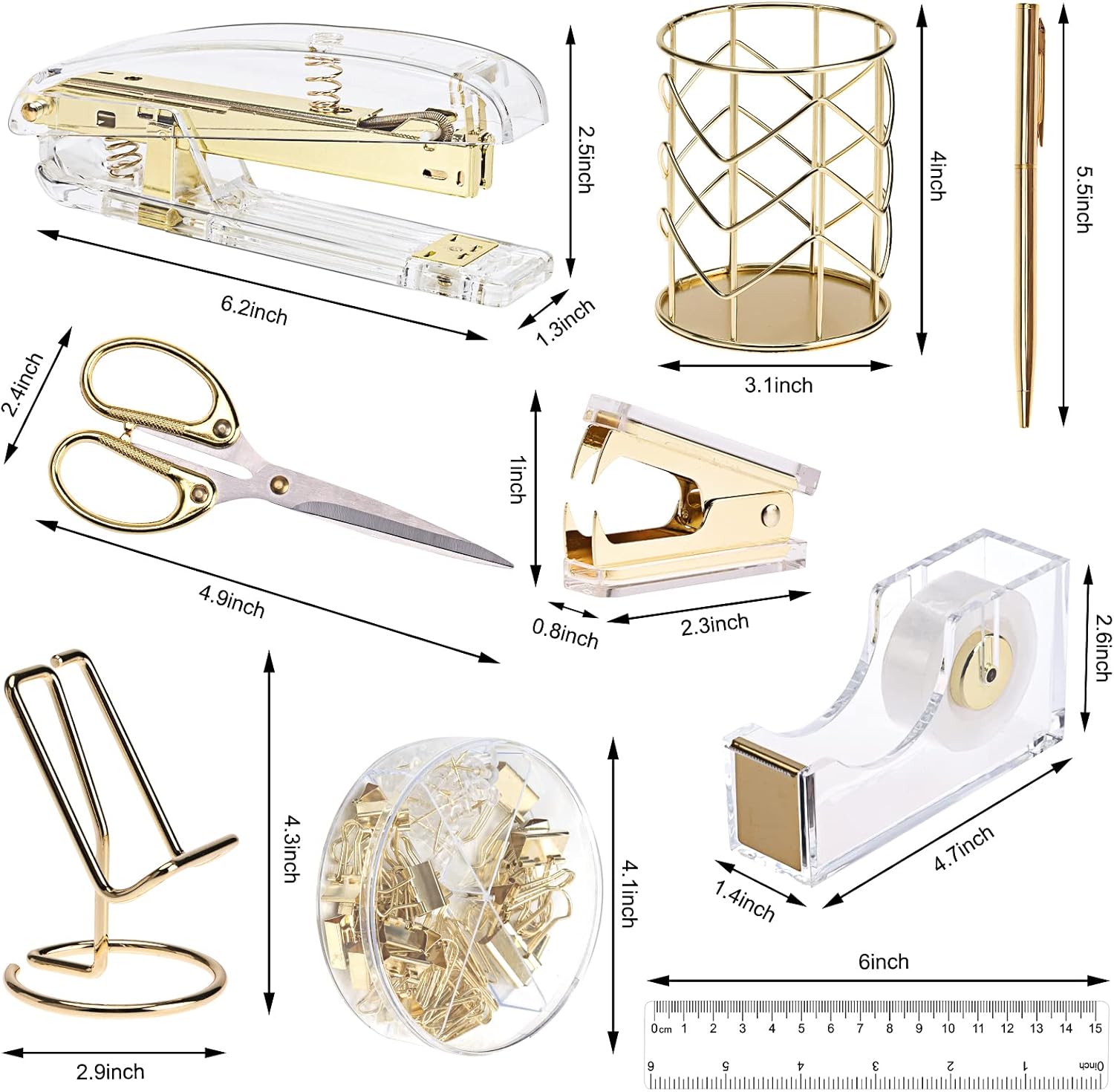 EOOUT Gold Office Supplies Set Desk Combo Set, Acrylic Stapler Set and Mesh Desk Organizer with File Shelves, 5-Layer Paper Tray Organizer for School Home Office Supplies (Gold)