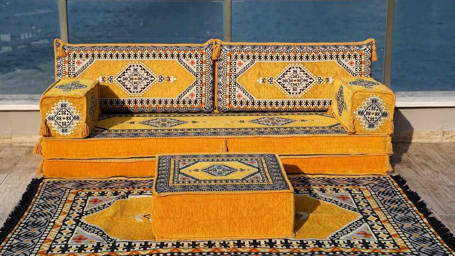 Arabic Floor Sofas, Moroccan Rug, Arabic Jalsa, Sectional Sofa, Oriental Sofa, Moroccan Floor Cushions, Ottoman Couch (8'' Thickness Sofa, Sofa + Rug + Ottoman, Yellow)