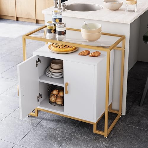 IDEALHOUSE 2024 New Sideboard Buffet Cabinet, Storage Cabinet with 2 Doors, Accent Console Table with Storage Space & Steel Frame and Tempered Glass Top, Nightstand for Bedroom, Kitchen, Office