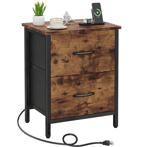 Vagusicc Nightstand with Charging Station, Bedside Table with USB Ports and Outlet, End Table Side Table with 2 Fabric Drawers for Bedroom, Living Room, Rustic Brown