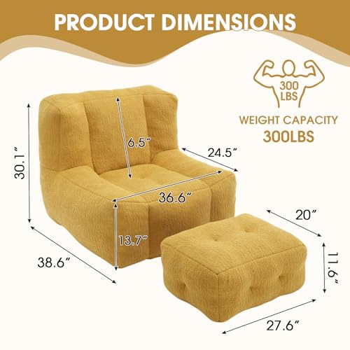 Bean Bag Chair, Microfiber Upholstered Bean Bag Sofa, Stuffed Bean Bag Couch with Footstool, Button Tufted Lazy Sofa, Togo Chair, Memory Foam Sofa Chair for Living room (Green)