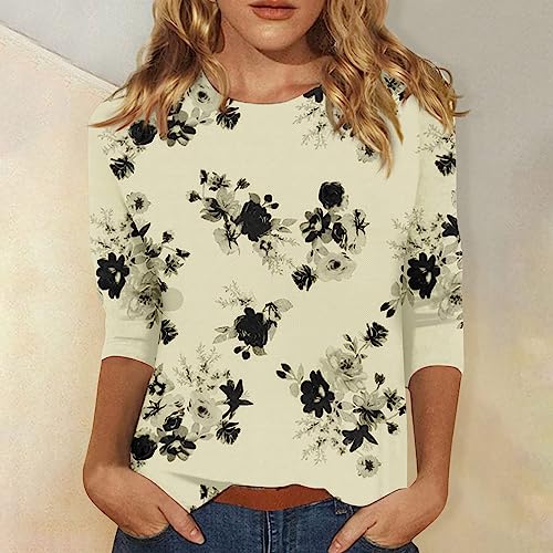 Womens Casual Tops Slacking Three Quarter Sleeve Women's Tshirts Round Neck Plus Size Loose Fitting Tops for Women