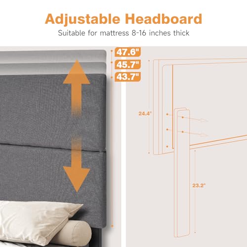 Queen Bed Frame with 2 Storage Drawers and Adjustable Headboard, Upholstered Bed Frame, Wooden Slats, No Box Spring Needed, Easy Assembly, Cream
