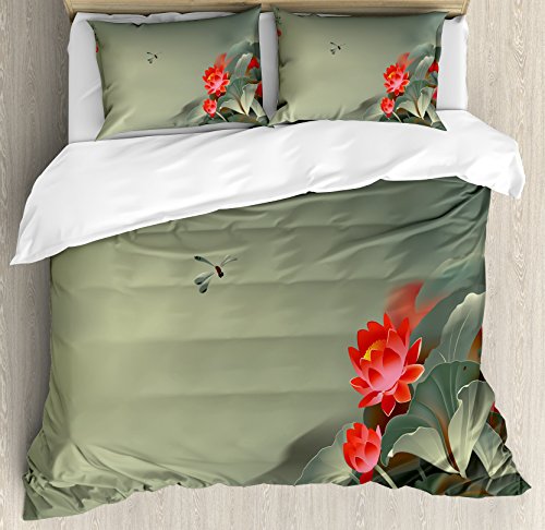 Ambesonne Fox Duvet Cover Set, Woodland Animals in Flower Field Cartoon Sleeping Forest Fauna, Decorative 3 Piece Bedding Set with 2 Pillow Shams, Queen Size, Orange Pale Sage Green
