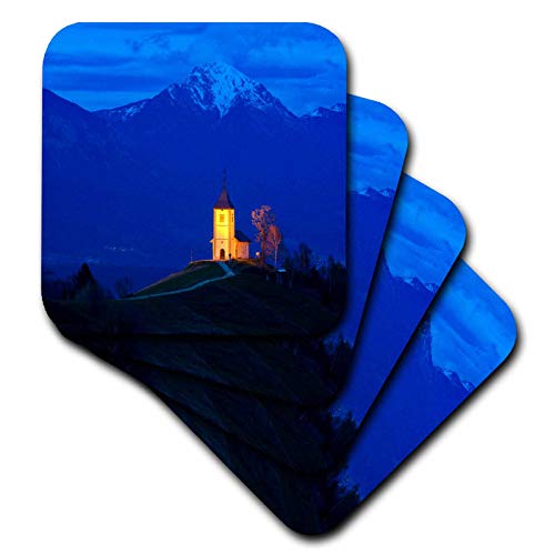 Set of 4 Ceramic Tile Coasters - Italy, Val Badia. St. Barbara Church Illuminated at Sunset Places
