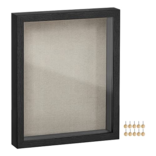 SONGMICS Shadow Box Frame, 8x10 Black Box Frame Display Case with Top Slot and Stick Pins, Wood Picture Frames with Linen Back for Photos Medals Awards Memory, Wall Hanging Tabletop