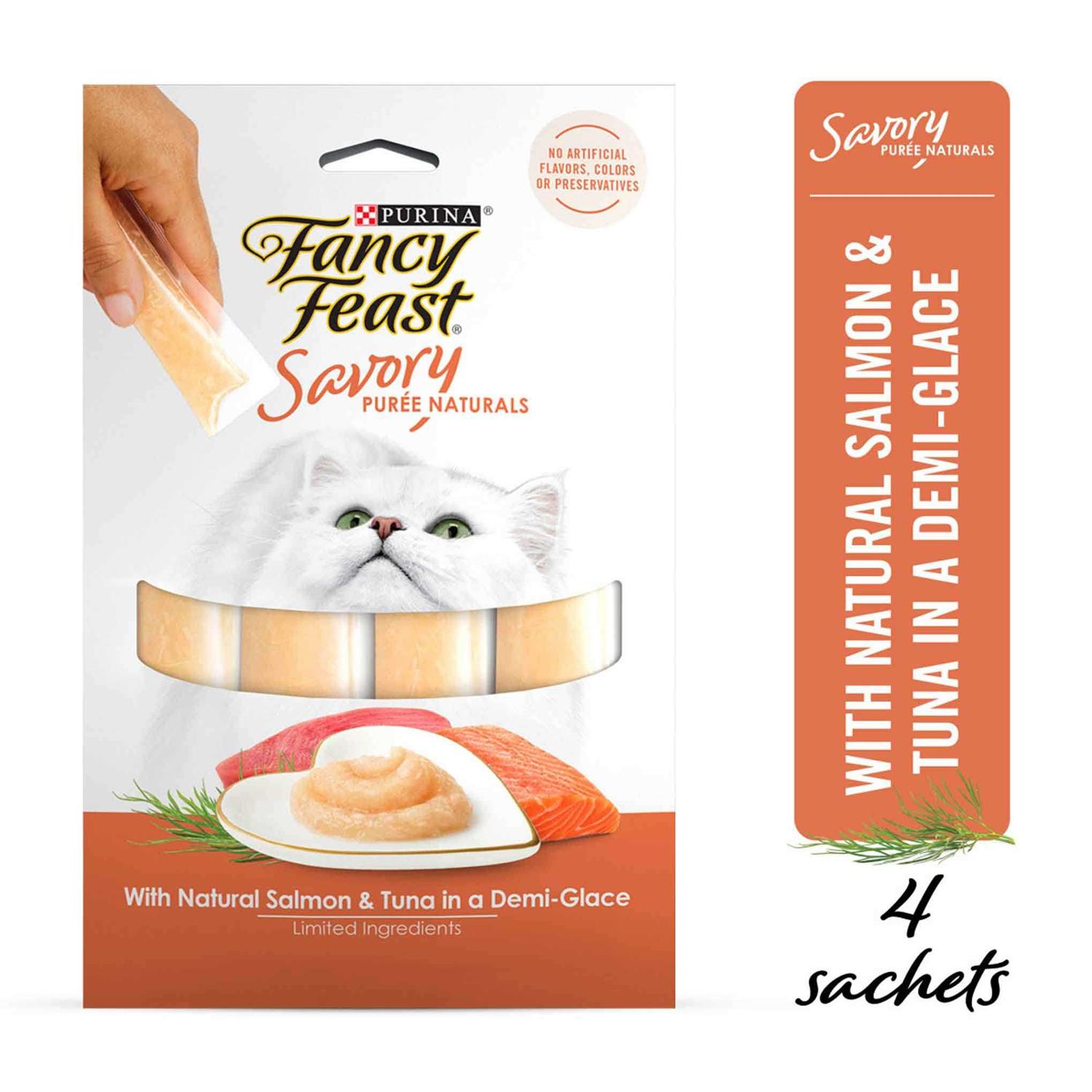 Fancy Feast Savory Puree Naturals Squeezable Salmon & Tuna in Demi-Glace Cat Treats - Pet Supplies online store