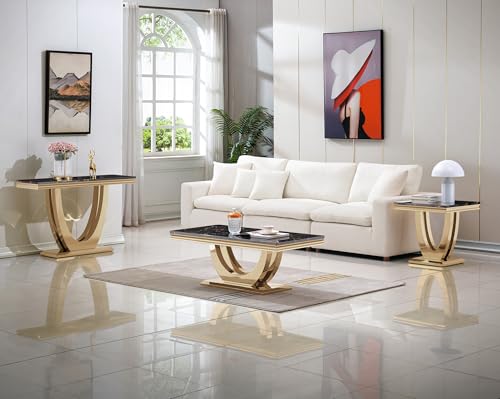 2 Piece Living Room Table Set Include 1 Faux Marble Coffee Table & 1 End Table, Modern Black Gold Coffee Table Set of 2 with Double U Stainless Steel Pedestal Base