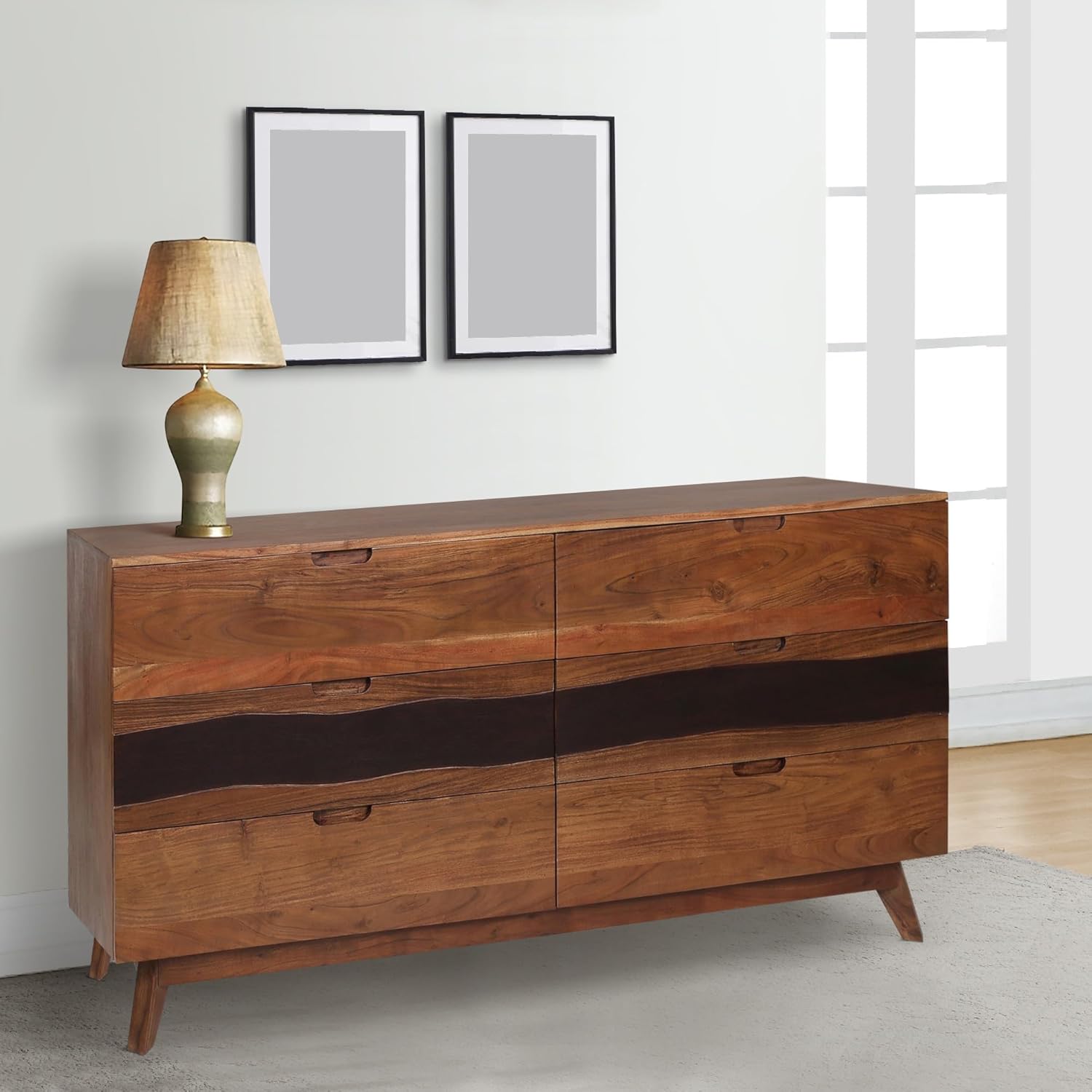 Benjara BM285077 59 in. Acacia Wood 6 Spacious Drawers Hedy Long Dresser - Brown Finish