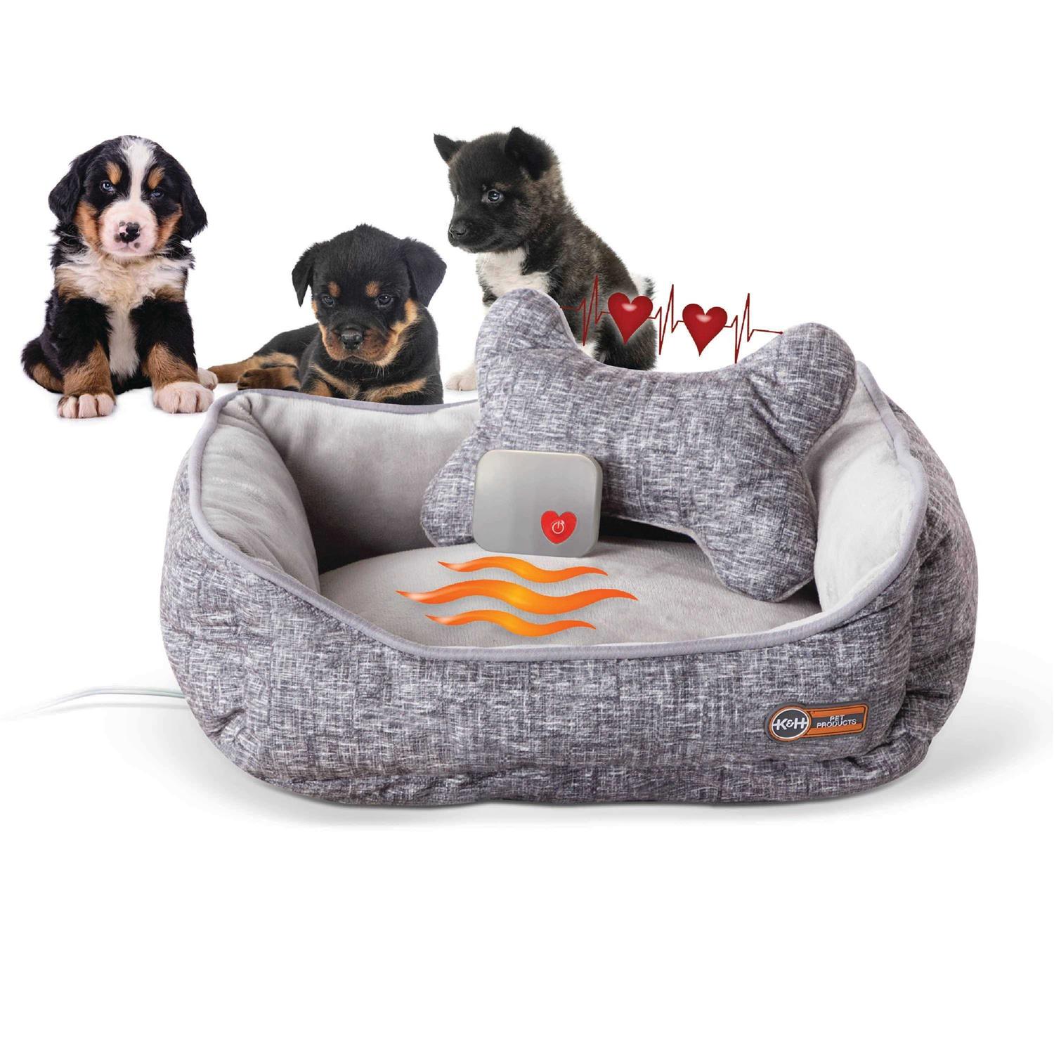 K&H Mother's Heartbeat Heated Puppy Pet Bed with Bone Pillow - Pet Supplies online store