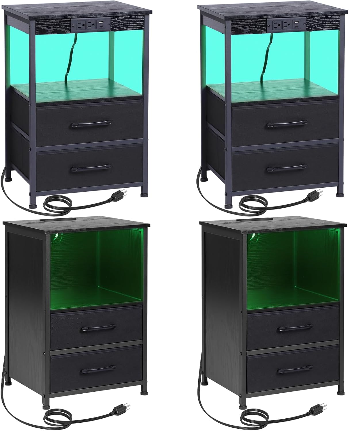 Nightstand Set of 2, Black Night Stand with Charging Station