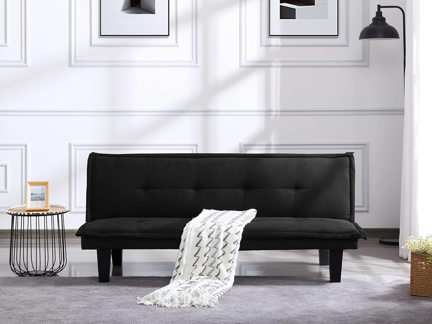 Folding Convertible Sofa, Adjustable Futon Couch Sleeper Modern Faux Suede Home Recliner Reversible Loveseat Daybed Guest Bed, Black 63.8