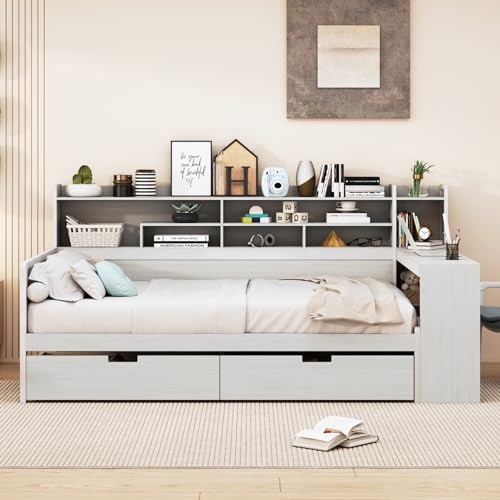 Twin Size Daybed with Storage Bookcases Headboard,Captains Corner L-Shaped Bed with 2 Drawers,No Box Spring Needed for Kids Boys Girls,Espresso