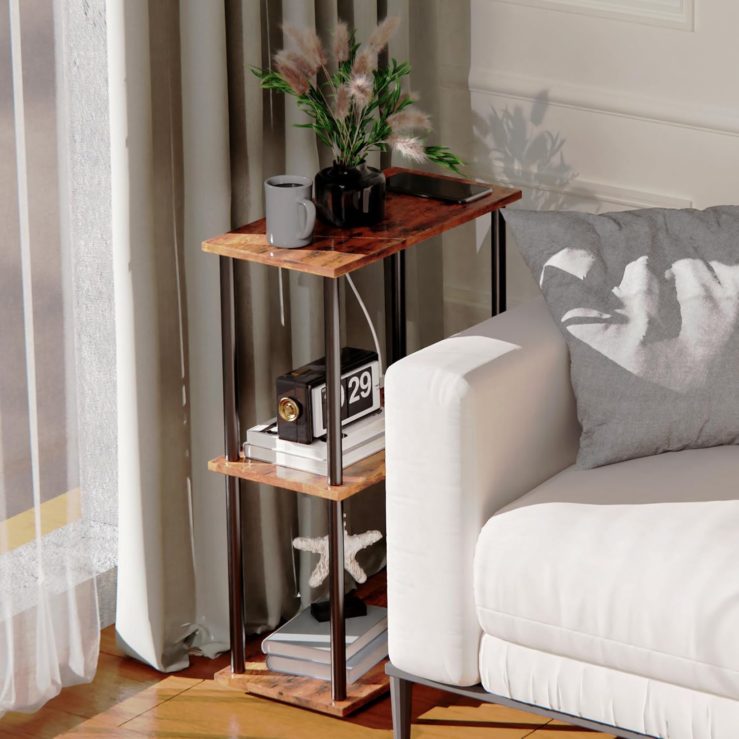 Small End Table Set of 2 for Small Space & 3-Tier Narrow Side Table Set of 2 with Charging Station