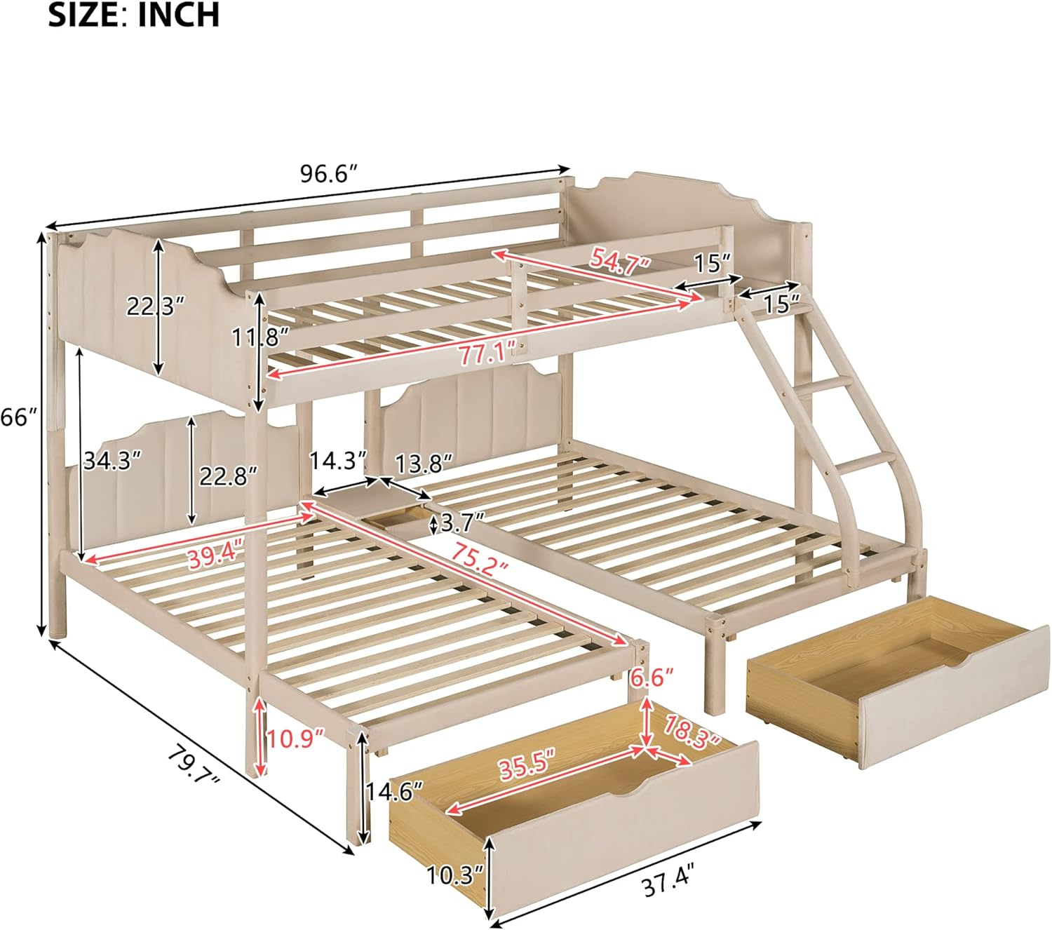 Flieks Triple Bunk Bed, Velvet Pine Wood Over Full Size Bunk Bed, 1 Full Bed and 2 Twin beds for Family or Spontaneous Sleepover Guests with Safety Guard & Rails Removable Stairs & Under-Bed Storage