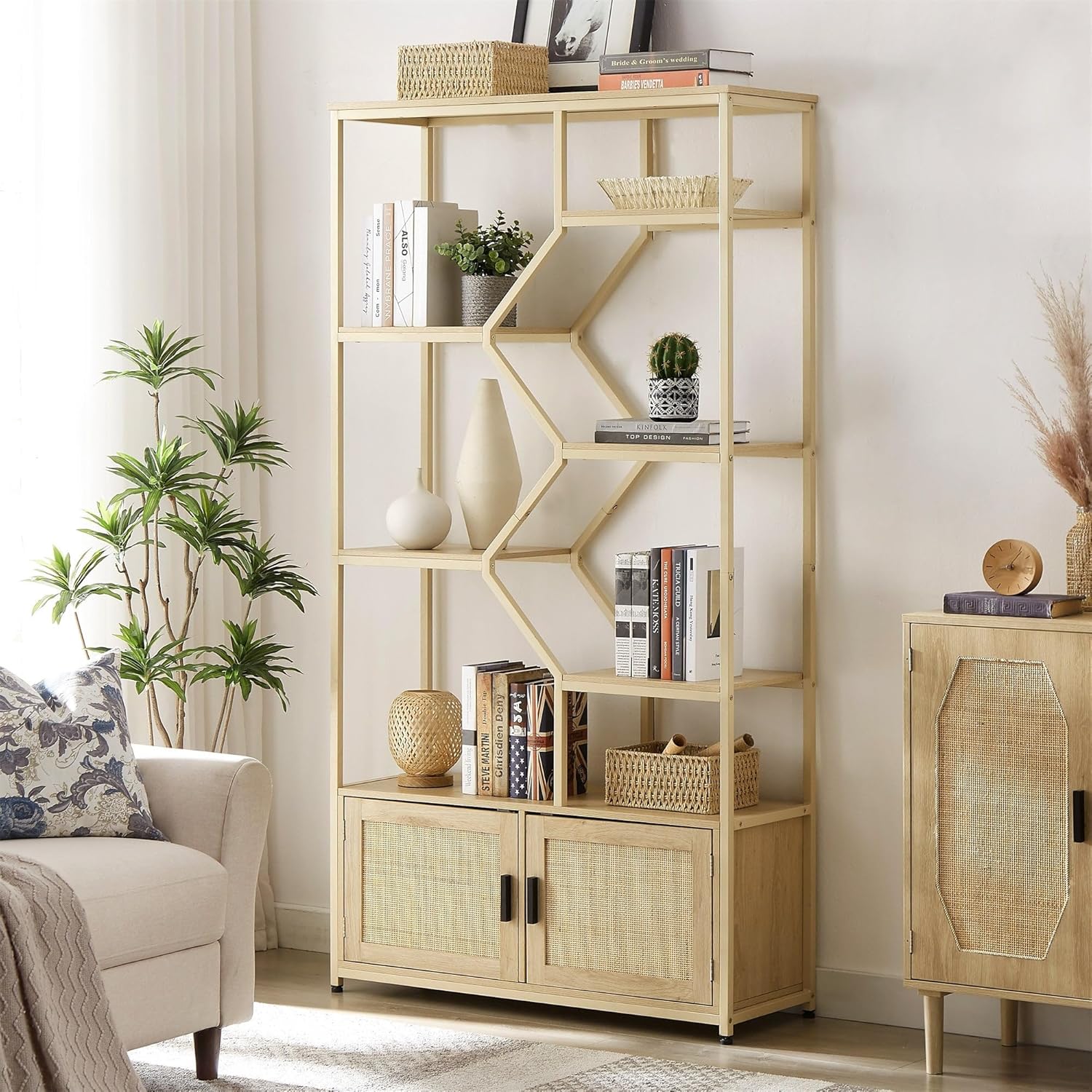Rattan Bookshelf with Cabinet Natural Farmhouse Doors