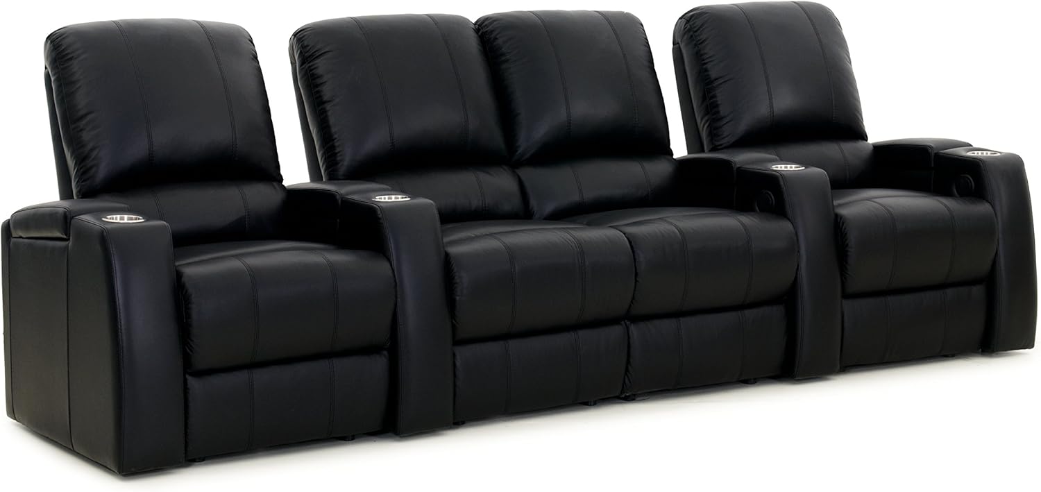 Octane Seating Storm XL850 Home Theater Sectional Sofa Black Leather - Power Recline - Straight Row 4 Chairs