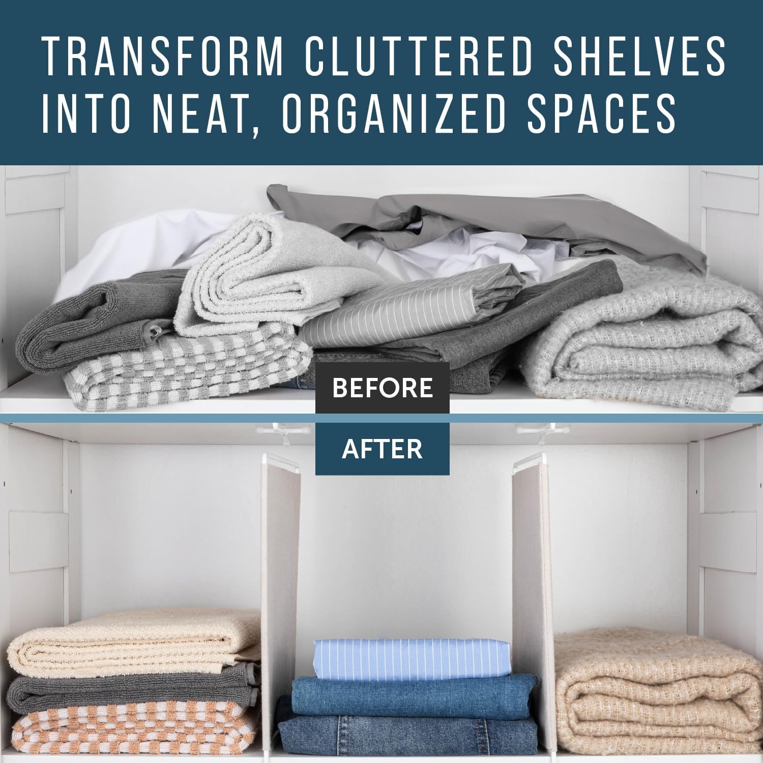 Maplefield [4-pack] Extra Deep Fabric Shelf Dividers - Sturdy Closet Organizer & Separator - Closet Shelf Dividers - Sweater Organizer for Closet - Ideal for Clothes, Towels, Books & More