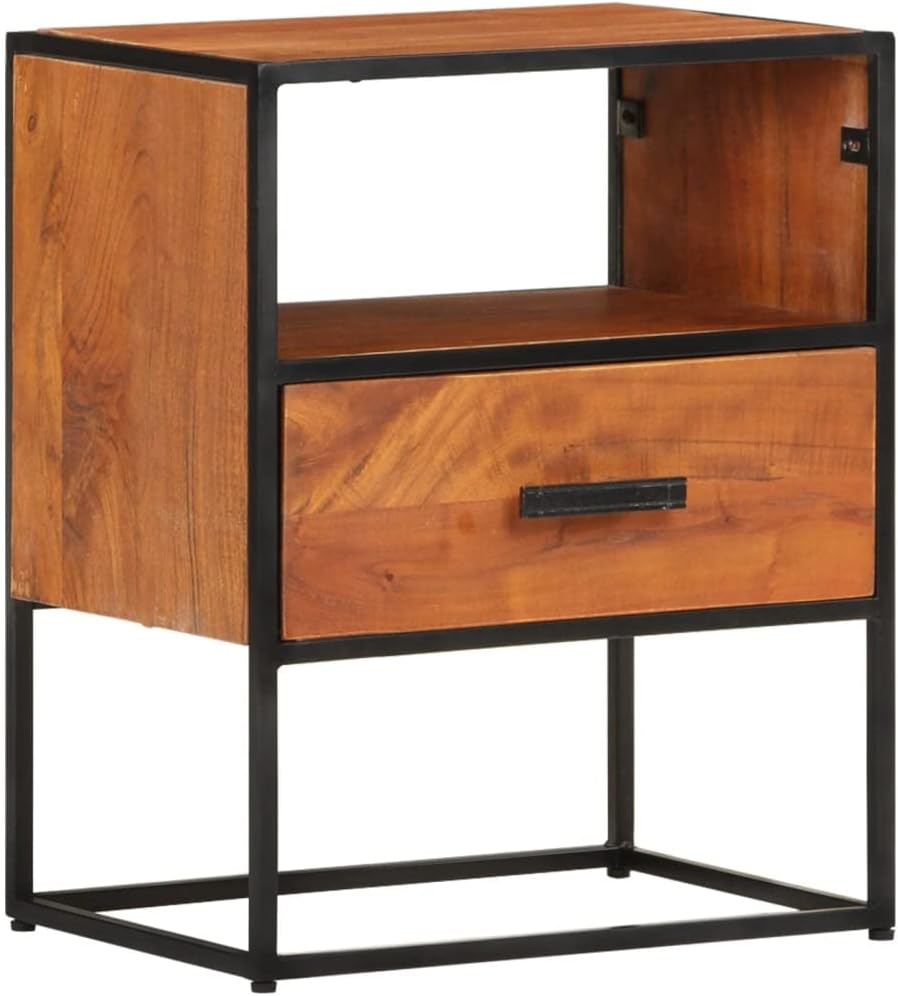 vidaXL Solid Acacia Wood Bed Cabinet with Iron Legs, Elegant Vintage-Industrial Style, Featuring Spacious Drawer and Compartment for Storage